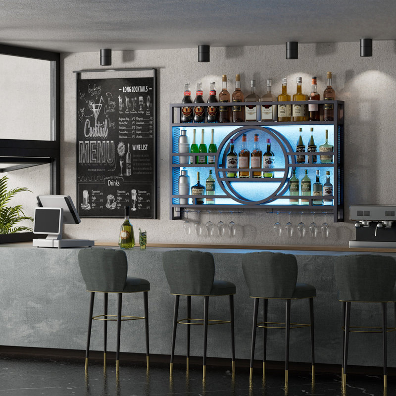 Support à vin à 3 niveaux à fixation murale avec DEL, tablettes de bar flottantes avec porte-verres à vin, Avec DEL