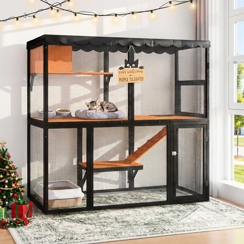 Maison pour chat de luxe à 4 niveaux en bois, idéale pour les grands chats, avec rampe et aires de repos.