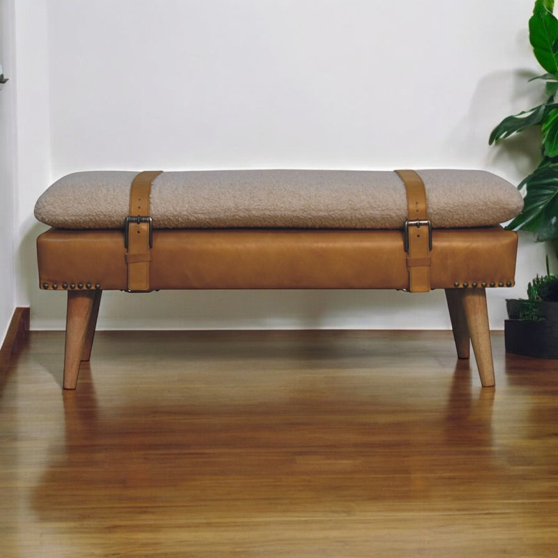 Banc en bois massif avec garniture cloutée, Brun/crème
