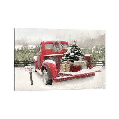 Christmas Wool-Velvet Back-Pillow 12”x18” Vintage Red Truck W/Tree