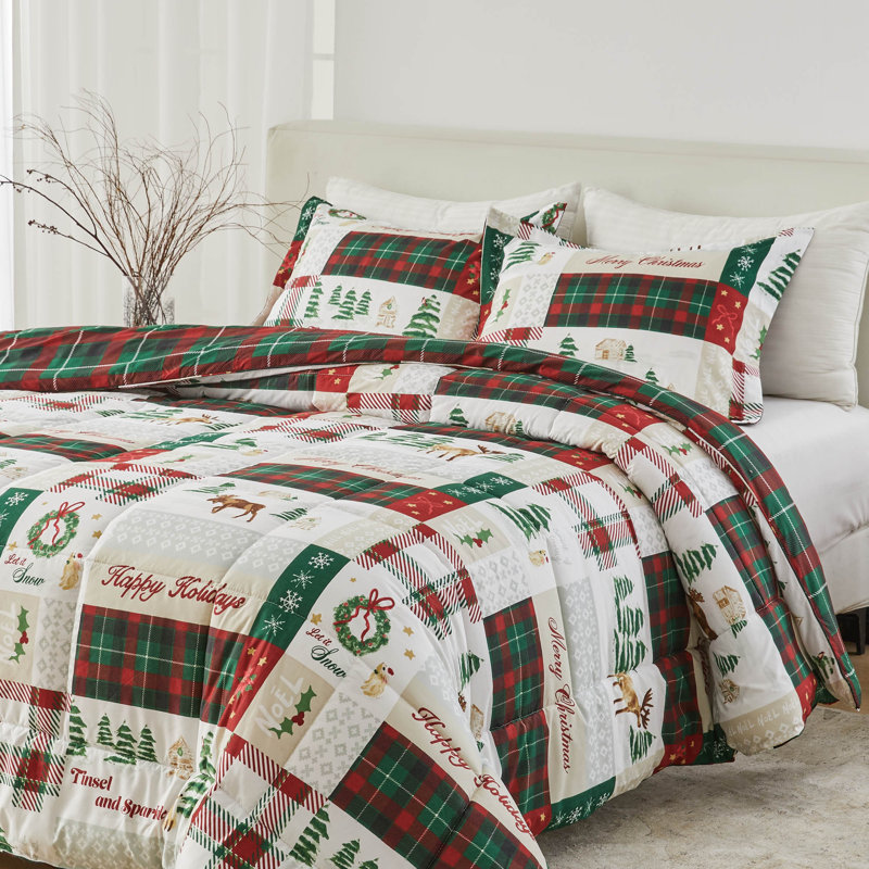 Microfiber Comforter Set with Shams, Queen Comforter + 2 Standard Shams, Holiday Patchwork
