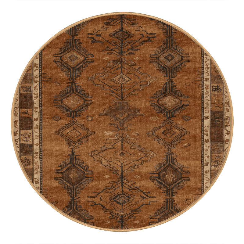 Machine Washable Art Deco Brown Area Rug, Round 4'