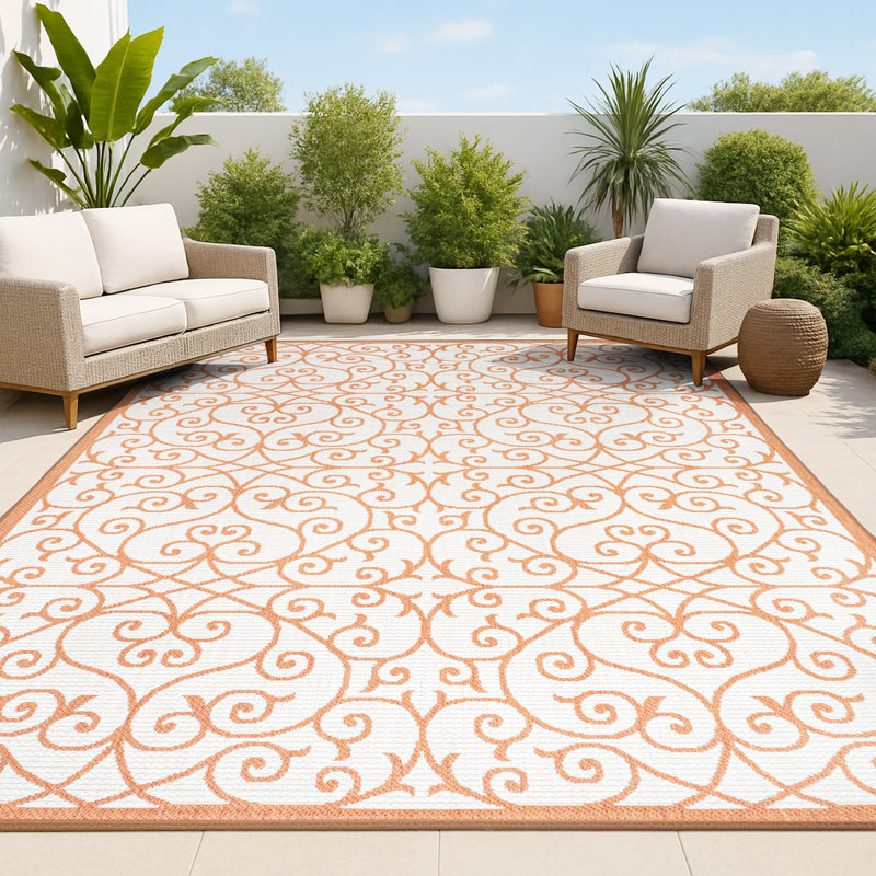Deronte Vintage Filigree Textured Weave Cream/Orange Indoor/Outdoor Rug, Rectangle 5'3" x 7'7"