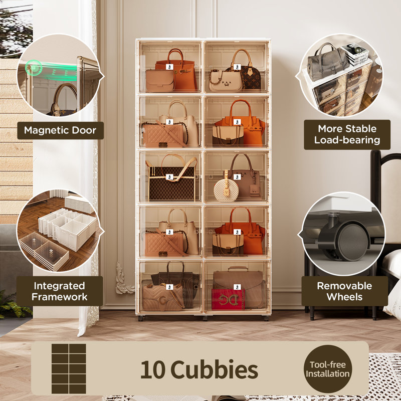 Contemporary Modular Purse Storage Cabinet with Clear Front Doors and Rolling Wheels, Freestanding Closet Organizer for Handbags and Collectibles – 10 Cubbies