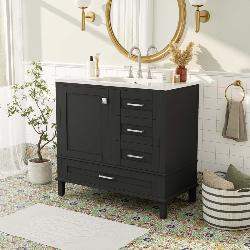 Meuble-lavabo 36 po avec porte à fermeture douce et tiroirs, Argent argent, Noir