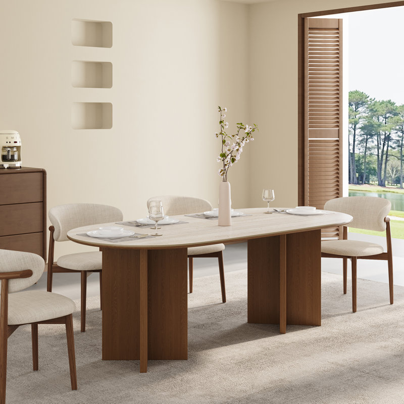 Ensemble de table de salle à manger 7 pièces, table ovale en pierre de travertin et 6 chaises en tissu