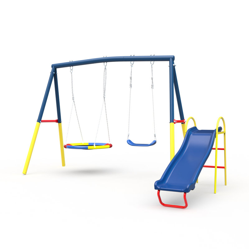 Balançoire 3 en 1, avec glissière, acier bleu d'extérieur facile à assembler, métal robuste, idéal pour les jeux dans la cour, acier, soucoupe et sièges à ceinture, installation rapide, offre une expérience de jeu sécuritaire