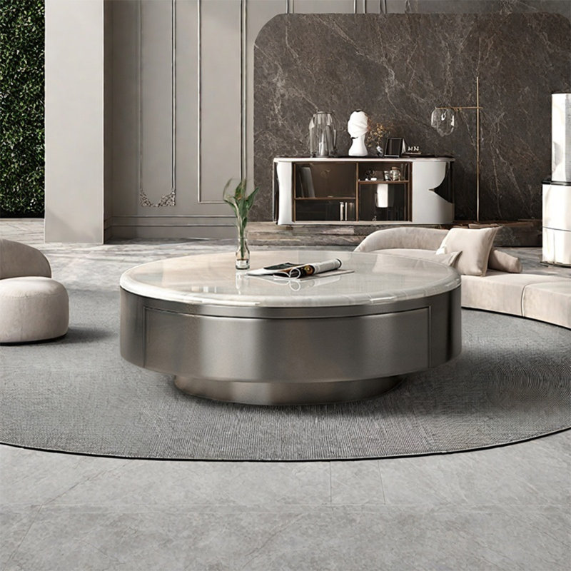 Table basse italienne ronde en marbre, H 13 po x L 31,5 po x l 31,5 po, Blanc