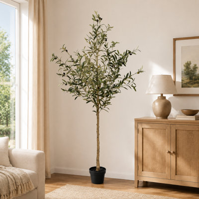 7FT Faux Olive Tree with Realistic Fruits and Dried Moss, Artificial Potted Topiary for Indoor/Outdoor Home Decor