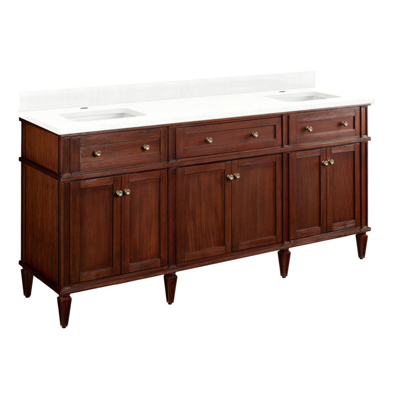 72" Elmdale Double Vanity for Rectangular Undermount Sinks, Feathered White Quartz, Antique Brown, Single-Hole