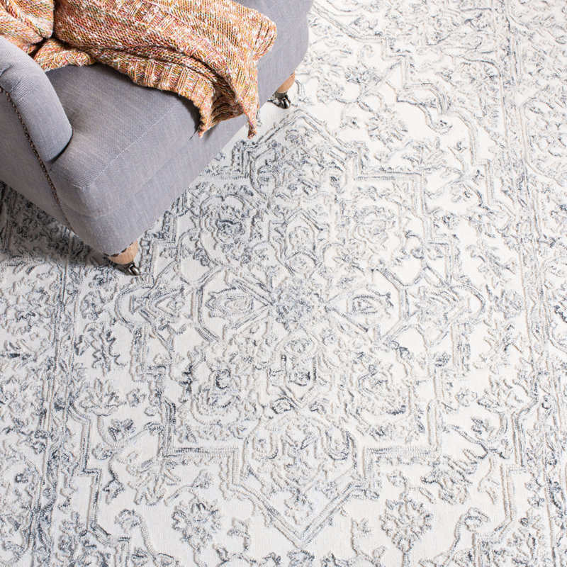 Tapis gris / ivoire en laine touffeté à la main Conant, Carré 6 pi