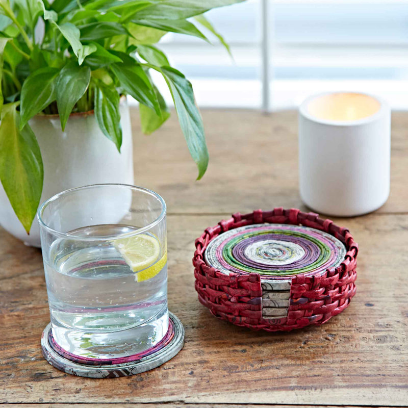 6 Recycled Newspaper Coasters, Natural/Pink/Green/Purple