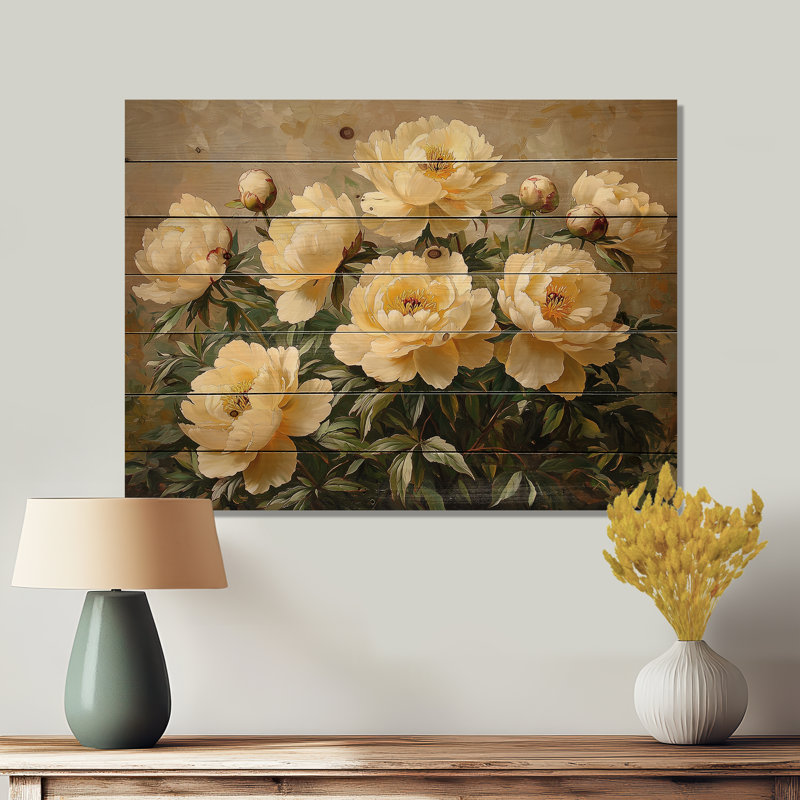 Summer Peonies In The Herb Garden III - Peonies Wood Wall Decor - On Natural Pine Wood, 10" H x 20" W x 0.78" D