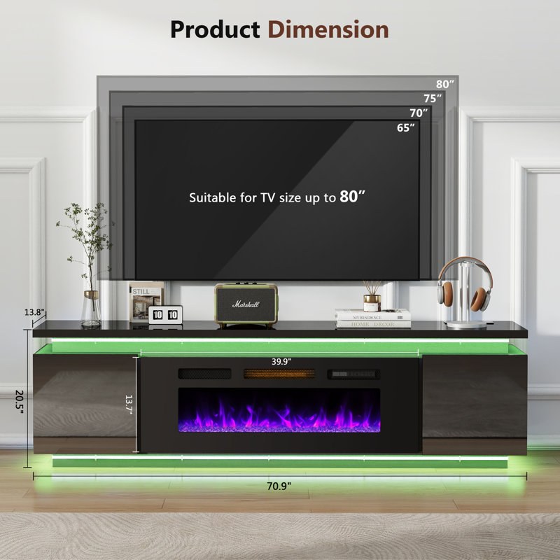 LED TV Stand With 40" Electric Fireplace For Tvs Up To 80", TV console with 4 AC Power Outlets for the Living Room, Black