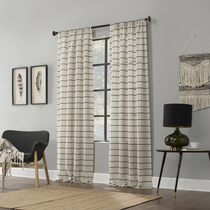 Mocha Linen Blend Twill Stripe Sheer Curtain Panel