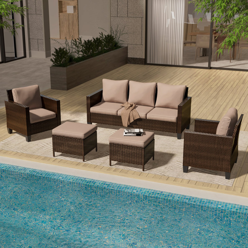 Abinayan 5-Person PE Wicker Patio Conversation Set with Cushions, All-Weather Outdoor Furniture Set for Deck Backyard Garden