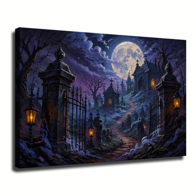 Old Cemetery Iron Gate With Glowing Lanterns, Full Moon And Mausoleums, Mystic Halloween Graveyard Canvas Wall Art Wall Decor