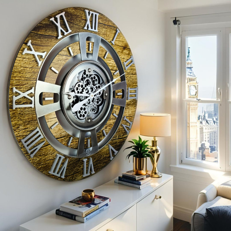 Solid Wood Wall Clock, Gold Antique, Oversize 91.4cm