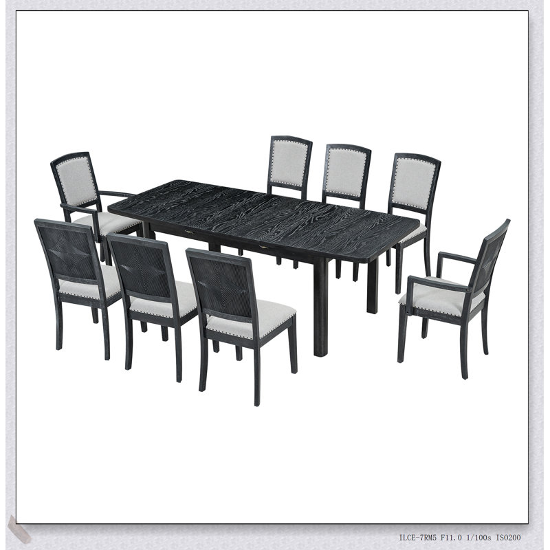 Ensemble de table de salle à manger extensible rustique de 84 pouces avec rallonge amovible de 24 pouces, 6 chaises sans accoudoirs rembourrées et 2 fauteuils rembourrés, 9 pièces