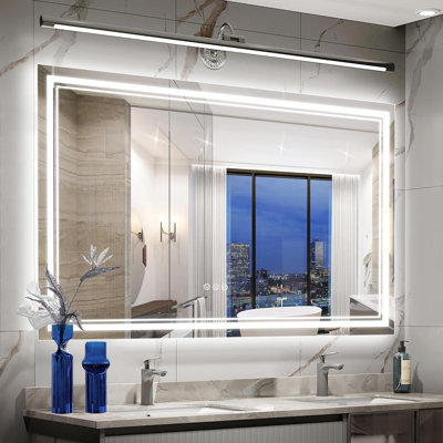 Miroir de salle de bain à DEL avec éclairage avant et arrière, miroir de salle de bain antibuée à intensité variable, verre trempé incassable, conception imperméable pour fixation murale