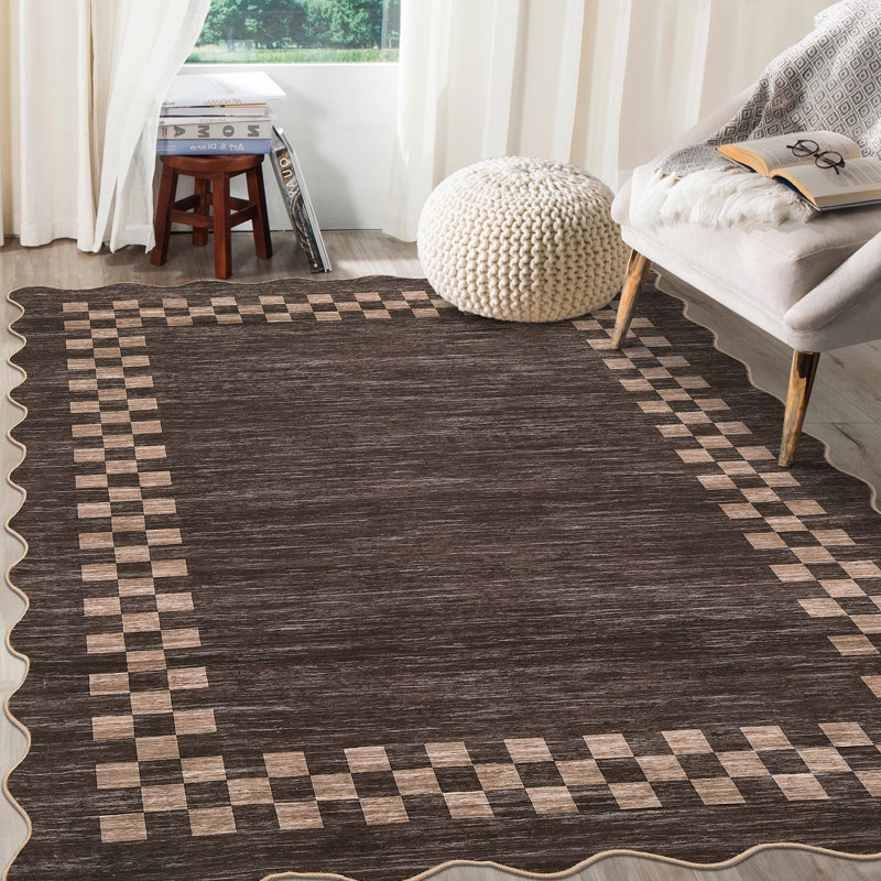 Scalloped Area Rugs Modern Bordered Accent Carpet,Non-Slip Floor Cover,Stain-Resistant Indoor Mat for Bedroom,Kitchen,Living Room