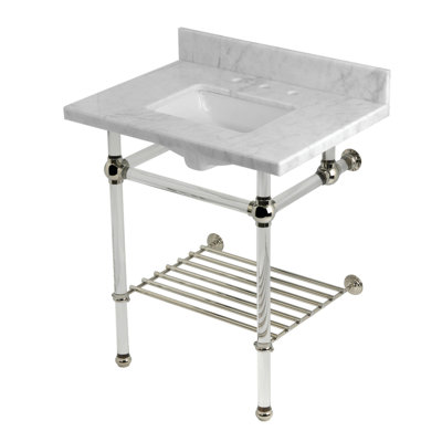 Kingston Brass Templeton 30-Inch Carrara Marble Console Sink with Acrylic Legs and Shelf (8-Inch, 3-Hole)