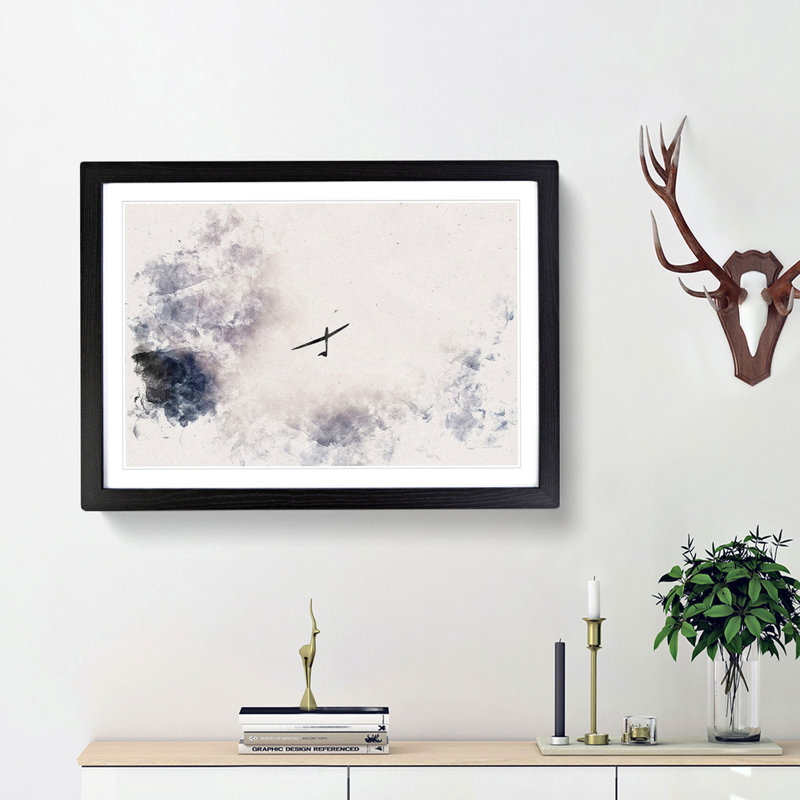 Air Glider In The Clouds Watercolour - Single Picture Frame Print on MDF, 36cm H x 48cm W x 2cm D, Black Framed