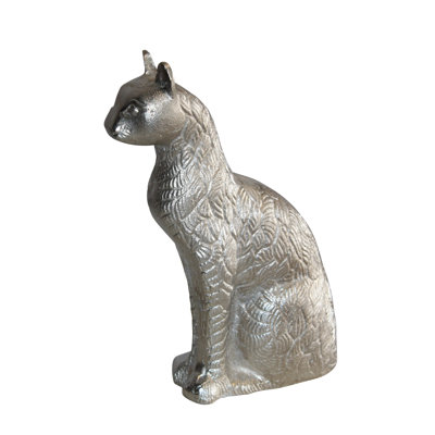 Nifao Collection Aluminum Artistry Intricately Sitting Cat Statue in Silver 10" x 4" x 13"H