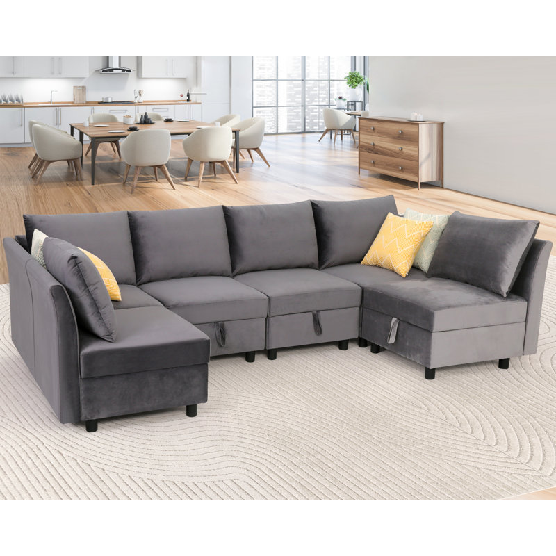 Canapé modulaire en velours 6 pièces avec rangement sous le siège 6 pièces, Velours gris