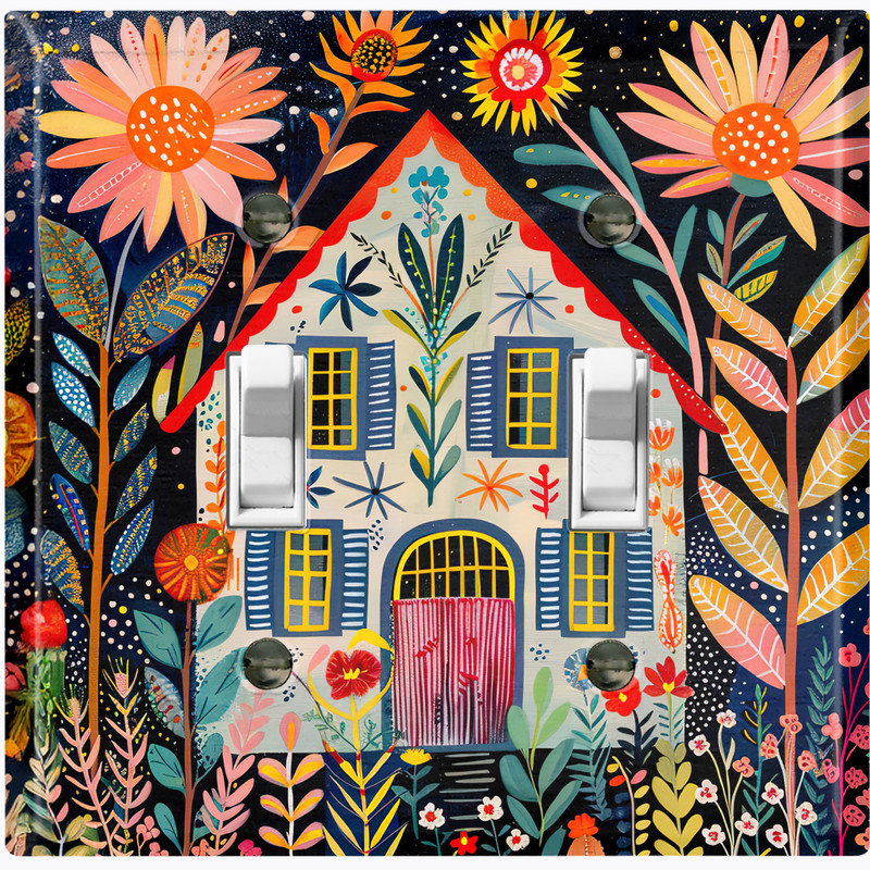 Couvercle de plaque d'interrupteur en métal; Bascule à 2 bandes US standard - Folk Art Floral Cottage, Double # 2
