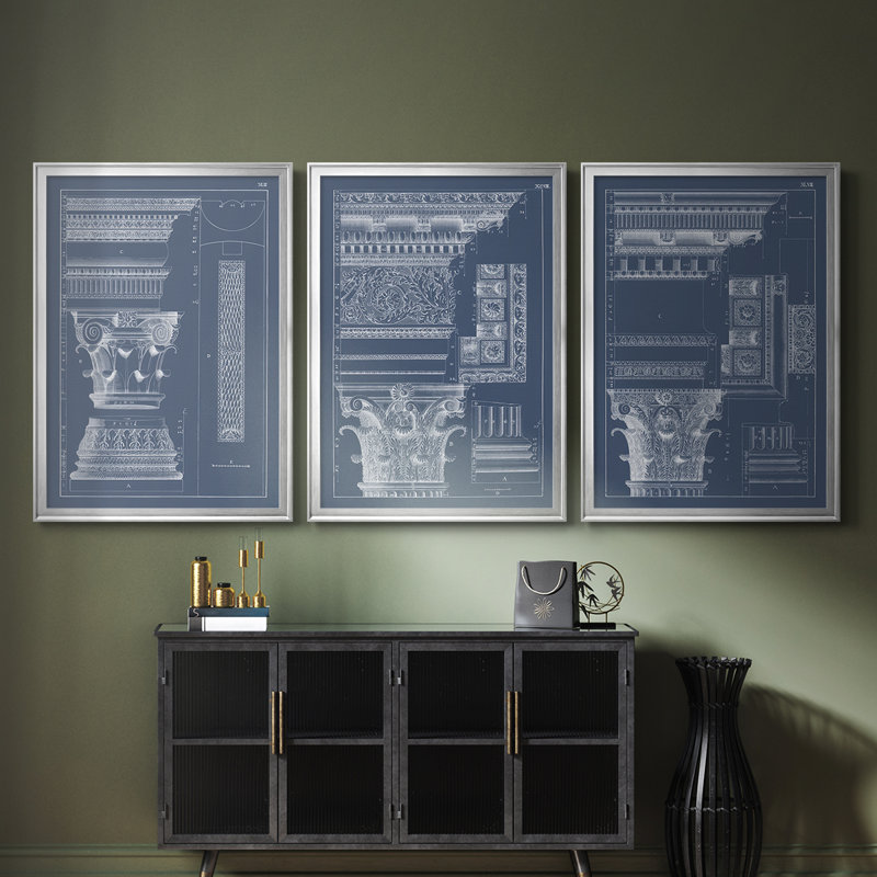 Colonne et corniche I - Toile tendue avec châssis sur mesure - 3 pièces, H 39 po x l 81 po, Argent argent