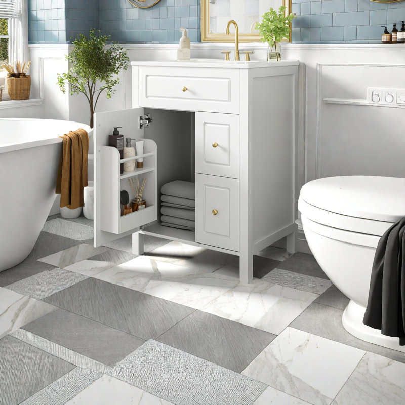 Bathroom Vanity With Ceramic Sink, 1 Soft Close Door, 2 Soft Close Drawers, And Double Storage Racks On The Door
