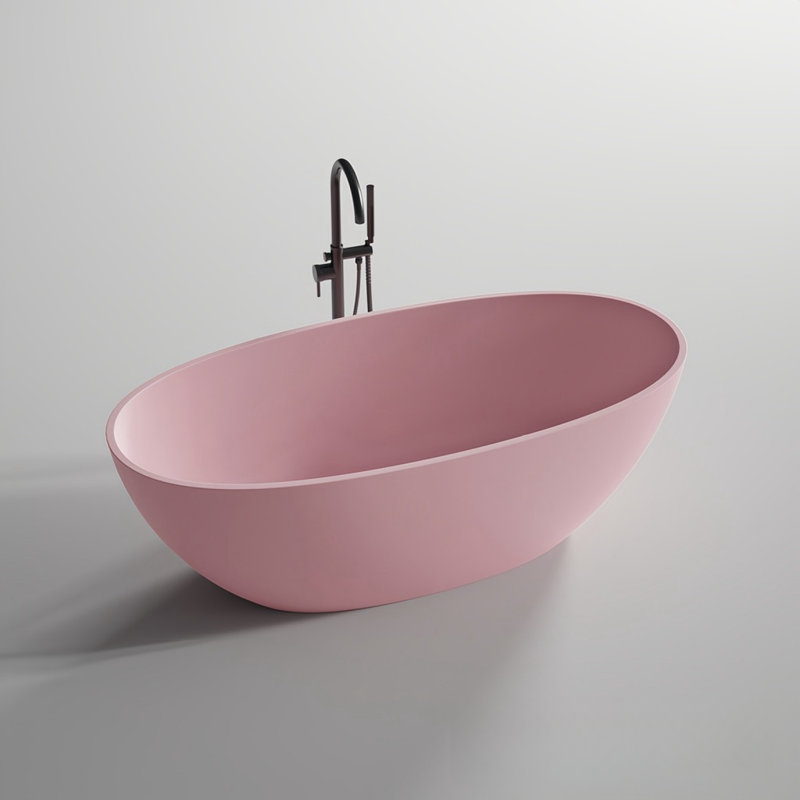 Modern Simple Oval Bathtub 62.99'' W 22.05'' H Frameless Offset Curved Tub & Shower Kit, Pink