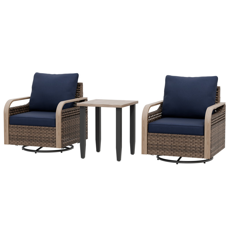 Ensemble de conversation d'extérieur pour 2 personnes avec coussins, ensemble de chaises de patio pivotantes en osier, Bleu