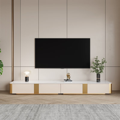 Meuble télé 94,5 po avec 4 tiroirs pour salon et centre de divertissement avec base dorée pour téléviseur de 100 po ou moins blanc et doré