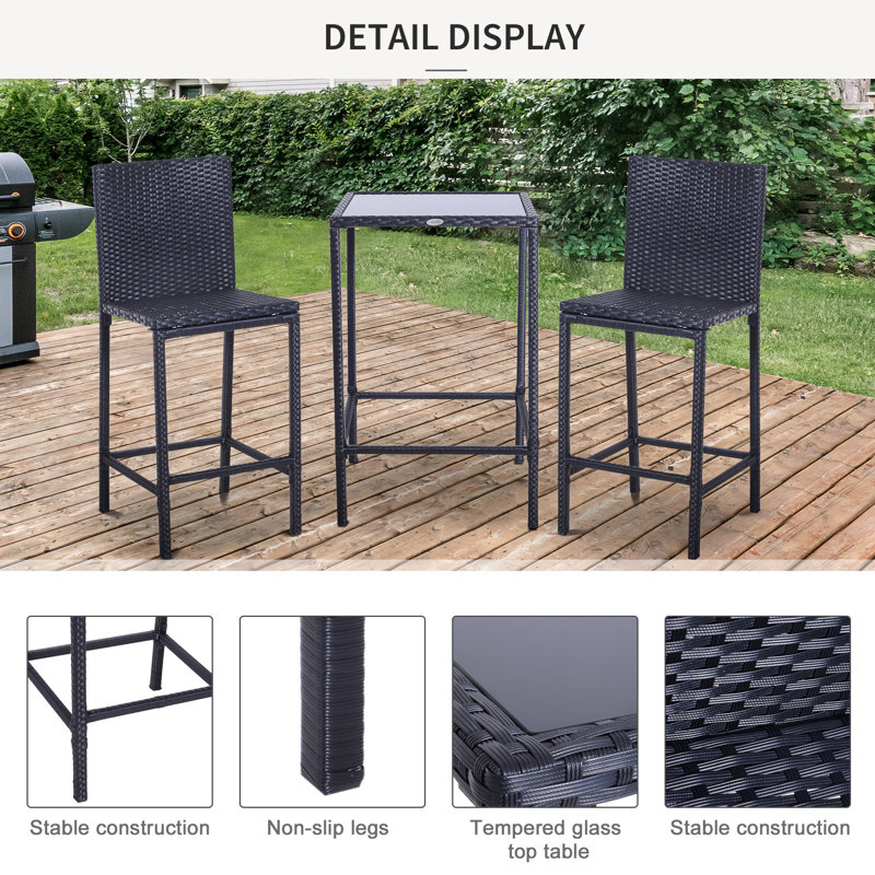 Ensemble de bar moderne en rotin avec table en verre robuste pour les repas en plein air