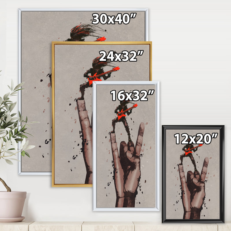 Rock and Roll Sign with Guitarist - Peinture sur toile, H 32 po x l 24 po x P 1 po, Cadre flottant blanc