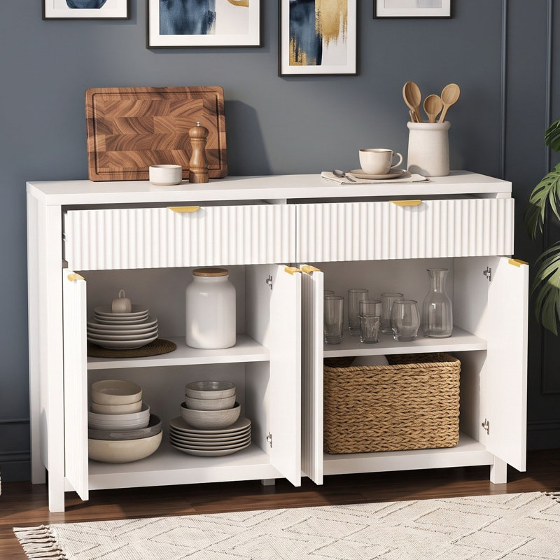 Buffet multifonctionnel avec tablettes et tiroirs réglables, portes, Blanc