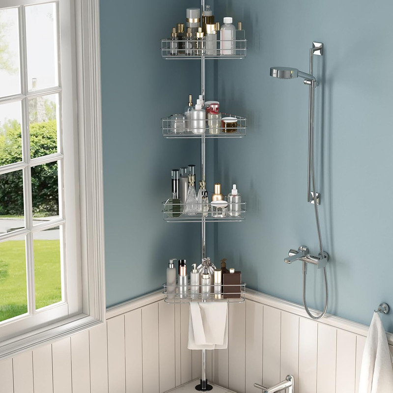 Serviteur de douche à barre de tension, caissons de douche en coin avec 4 tablettes de panier