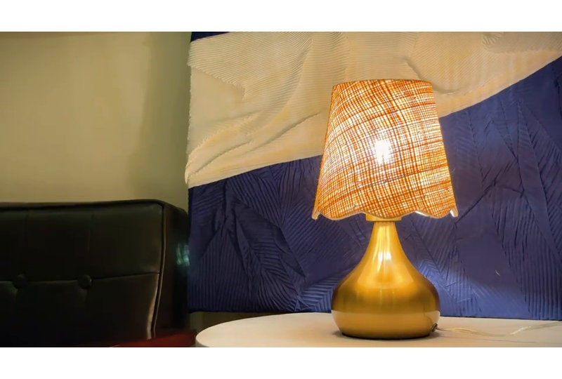 Gold Brass Table Lamp with Scalloped Rattan Shade