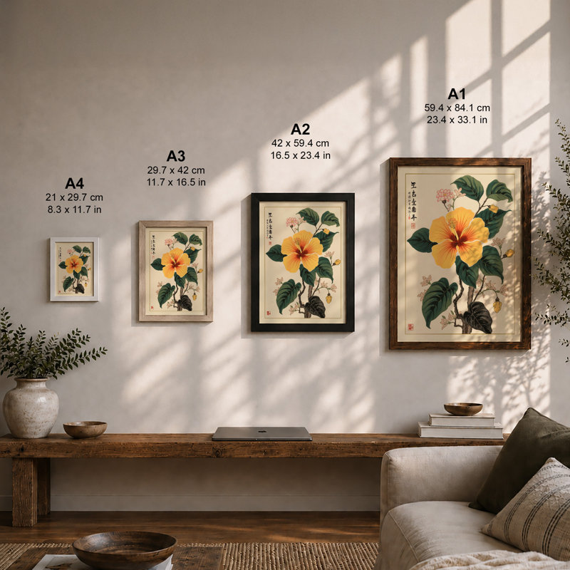 Golden Hibiscus Bloom Botanical - Framed Print, A1 - 84.1 x 59.4 cm, Oak