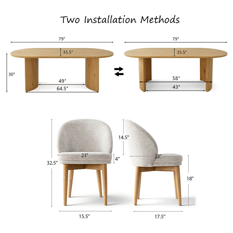 Modern 79" Oval Dining Set With 6 Upholstered Dining Chairs, Beige/Nature, Oak Wood