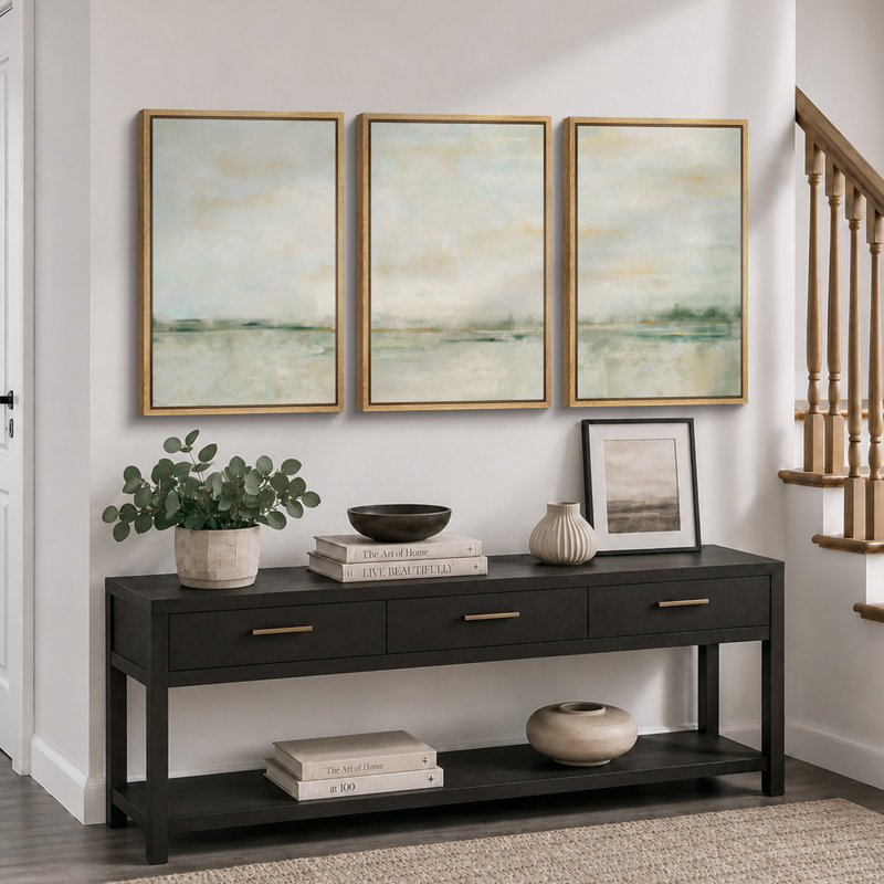 "Minimal Landscape", pastel vert et jaune, art mural abstrait illusion minimaliste, 3 pièces, impression sur toile encadrée, "16" x 24 "x 3 pièces, 24" x 36 "x 3 pièces