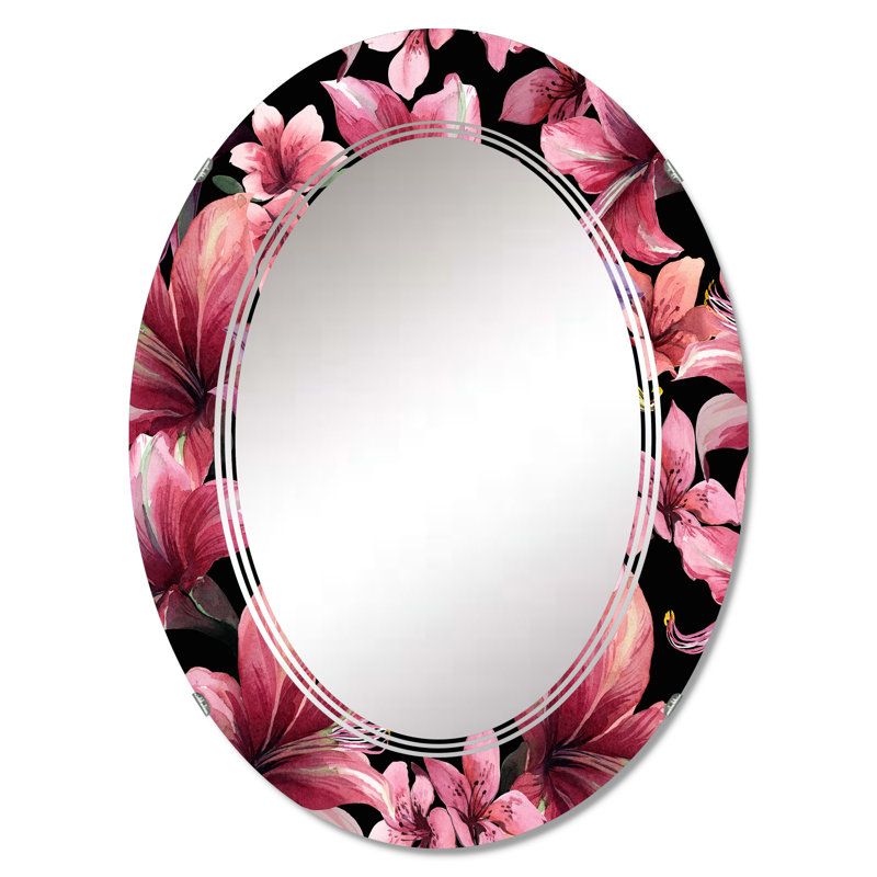 Fleurs tropicales rouges sur fond noir I - miroir mural traditionnel, 30 po x 20 po