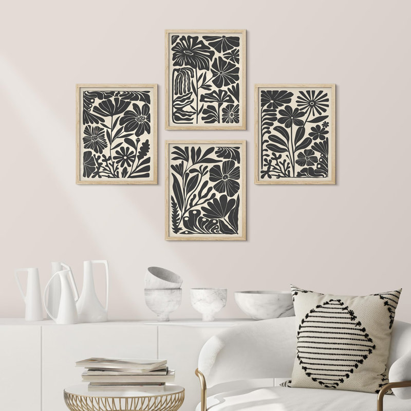 Silhouette moderne botanique noire et blanche - ensemble de 4 reproductions de cadres photo simples, H 14 po x l 11 po