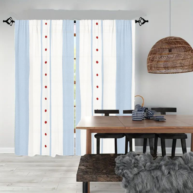 2Pcs Light Blue & White Striped Curtains with Red Dots, Boho Farmhouse Window For Living Room Bedroom Kitchen Rod Pocket Drapes,Decorate