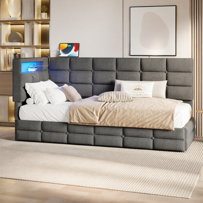 Upholstered Twin Size Daybed With Storage 2 Drawers And Charging Station, Day Bed Frame With LED Lights And Storage Headboard, No Box-Spring Needed