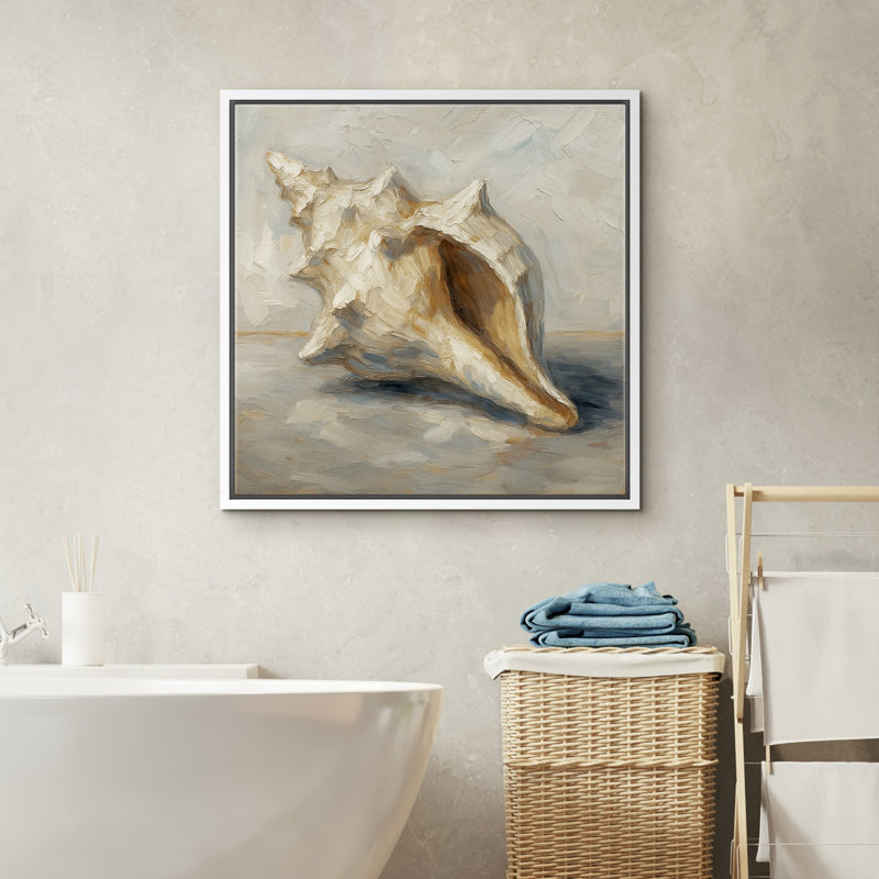 Conch Shell Coastal Wall Art - Neutral Beach-Themed Canvas Painting Print, Framed Seaside Decor for Coastal Interiors, White