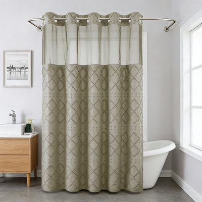 Ensemble de rideau de douche à chevrons touffetés et doublure à boutons-pression, conception sans crochet avec fenêtre supérieure transparente, tissu texturé de qualité hôtelière pour décor de salle de bain de style campagne moderne et élégance décontractée