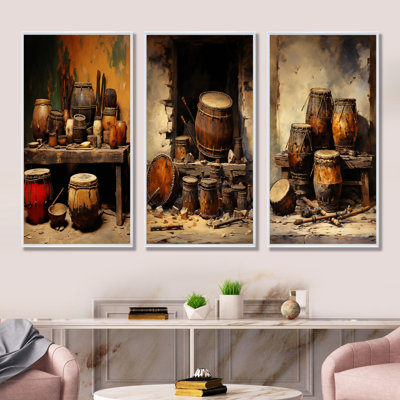 Brown Music Drums Rhythm Revelry I - Music Canvas Prints Set Of 3